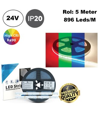 Premium Led Strip ROL 5 Meter COB, 16w/m, 896 led/m, RGB+ Warm Wit (3000K), CRI90, 24v, IP20, 12mm, 3 Jaar garantie